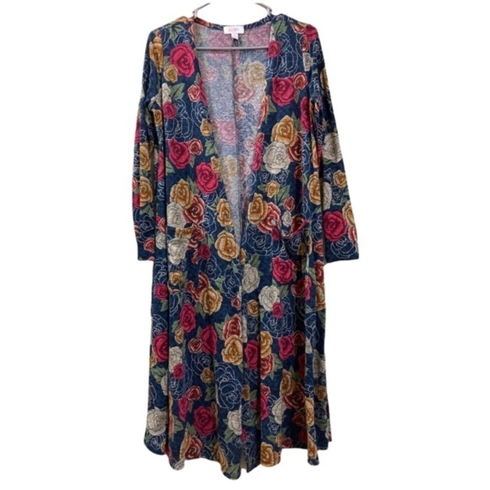 LuLaRoe Sarah Cardigan Floral Rose Print Blue Long Sleeve Open Front Size Small
